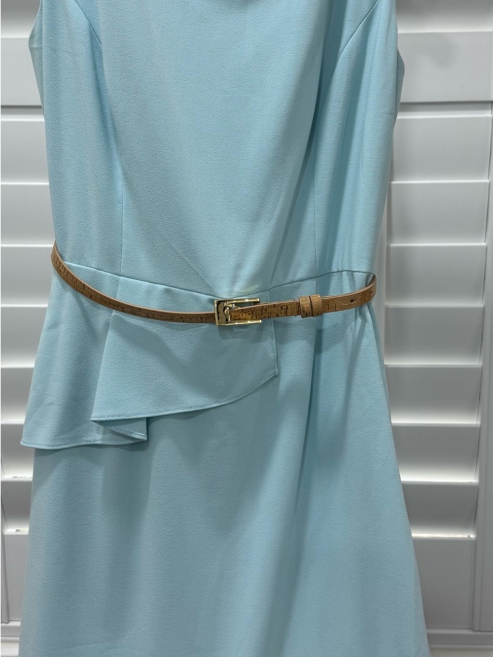 ANTONIO MELANI Light Blue Dress with Tan Leather Waist Belt and Gold Buckle